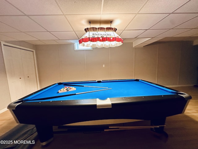 1642 Mink Ct, Toms River, NJ 08755 - playroom featuring a drop ceiling, pool table, wood finished floors, and a decorative wall
