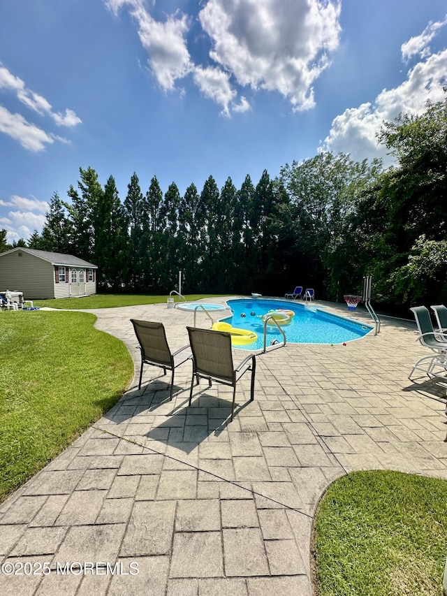 1642 Mink Ct, Toms River, NJ 08755 - outdoor pool with a patio area, a lawn, and view of wooded area