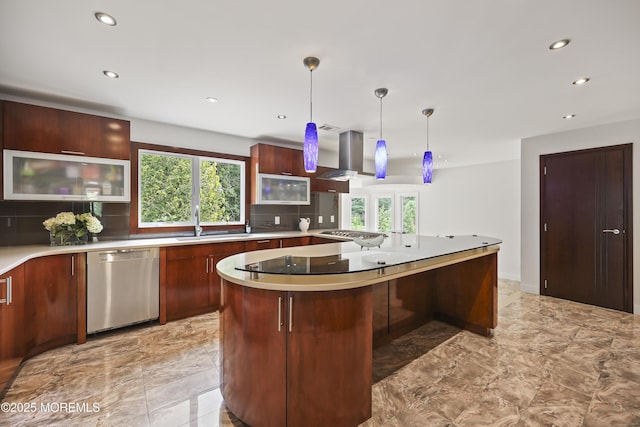 42 Nikki Ct, Morganville, NJ 07751 - kitchen with stainless steel dishwasher, island range hood, recessed lighting, backsplash, and light countertops