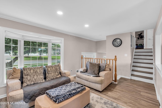 24 Willow Brook Rd, Freehold, NJ 07728 - living room featuring ornamental molding, wood finished floors, recessed lighting, and stairs
