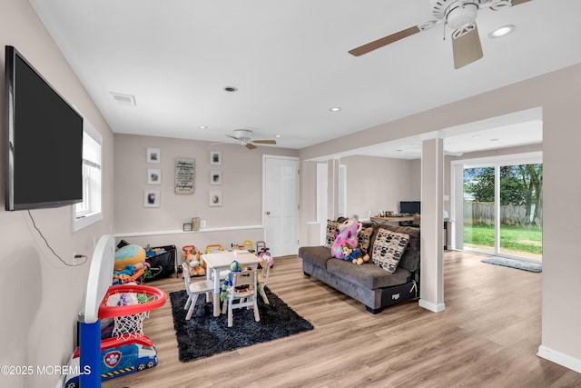 24 Willow Brook Rd, Freehold, NJ 07728 - living area with ceiling fan, light wood-type flooring, recessed lighting, and decorative columns