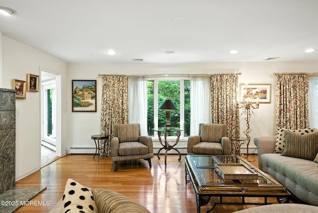 7 Stony Ridge Dr, Hillsdale, NJ 07642 - living area featuring wood finished floors, recessed lighting, and a baseboard heating unit