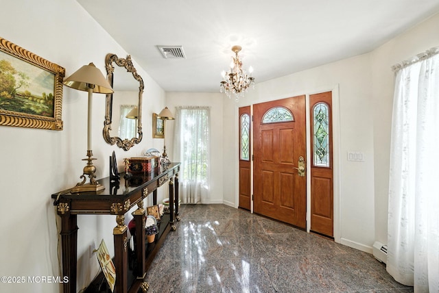 7 Stony Ridge Dr, Hillsdale, NJ 07642 - foyer featuring granite tiled floors, a chandelier, and a baseboard heating unit