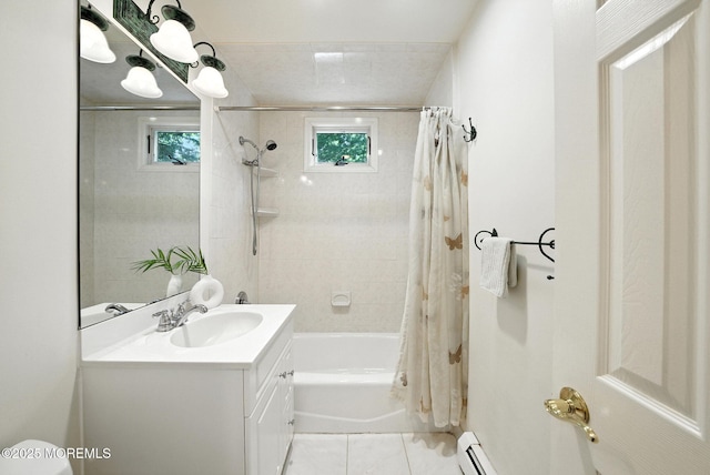 7 Stony Ridge Dr, Hillsdale, NJ 07642 - bathroom with vanity, shower / bath combination with curtain, a baseboard radiator, and tile patterned flooring