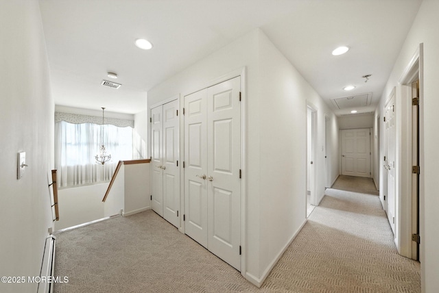7 Stony Ridge Dr, Hillsdale, NJ 07642 - hallway featuring attic access, light colored carpet, recessed lighting, an upstairs landing, and baseboard heating