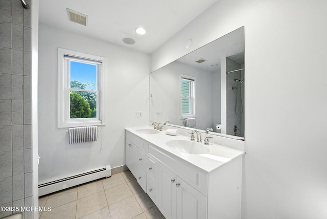 7 Stony Ridge Dr, Hillsdale, NJ 07642 - full bathroom featuring baseboard heating, double vanity, tile patterned flooring, and a shower