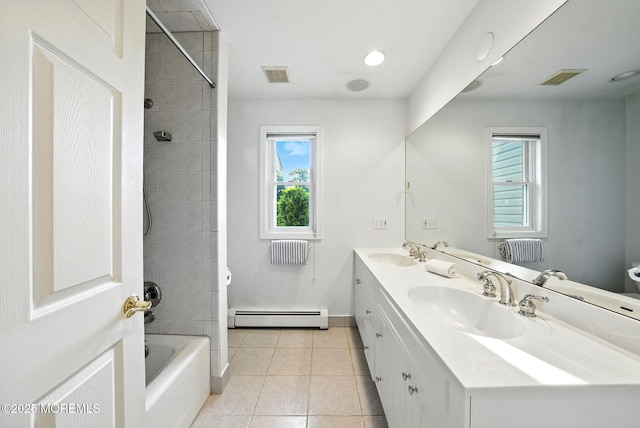 7 Stony Ridge Dr, Hillsdale, NJ 07642 - bathroom with double vanity, baseboard heating, tile patterned flooring, and bathing tub / shower combination