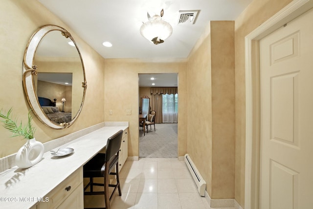 7 Stony Ridge Dr, Hillsdale, NJ 07642 - hallway with baseboard heating, an office area, light tile patterned floors, recessed lighting, and light carpet