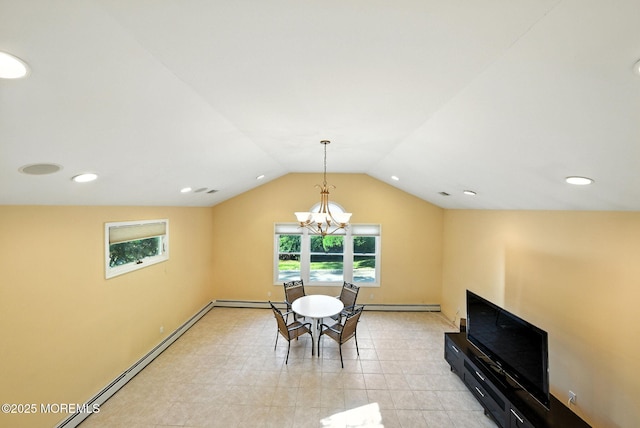 7 Stony Ridge Dr, Hillsdale, NJ 07642 - dining room featuring a baseboard heating unit, vaulted ceiling, and a chandelier