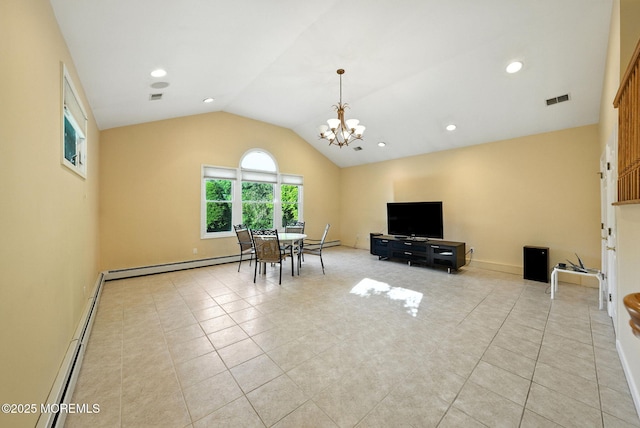 7 Stony Ridge Dr, Hillsdale, NJ 07642 - living room with light tile patterned floors, a chandelier, lofted ceiling, baseboard heating, and recessed lighting