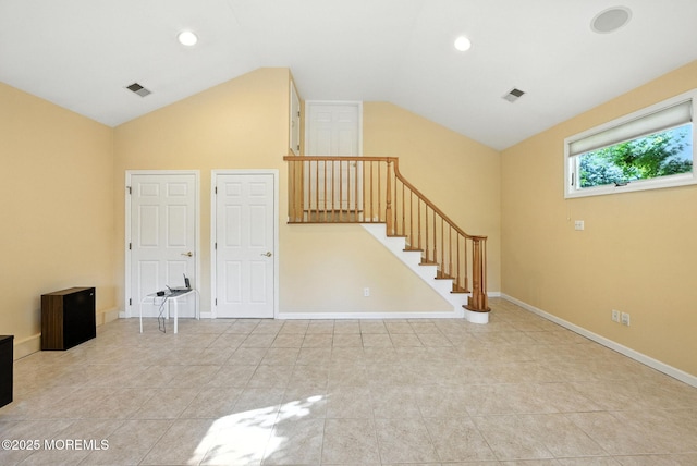 7 Stony Ridge Dr, Hillsdale, NJ 07642 - unfurnished living room featuring lofted ceiling, light tile patterned floors, recessed lighting, and stairway