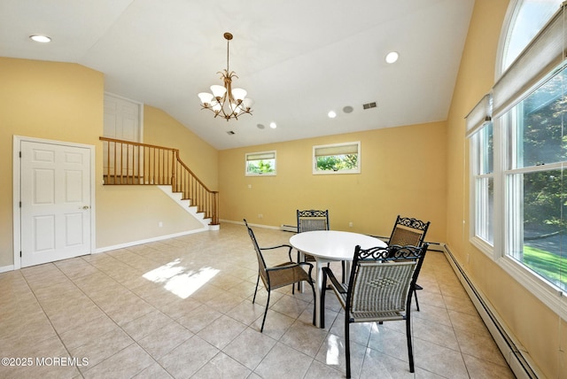 7 Stony Ridge Dr, Hillsdale, NJ 07642 - dining area with baseboard heating, stairs, a chandelier, high vaulted ceiling, and recessed lighting