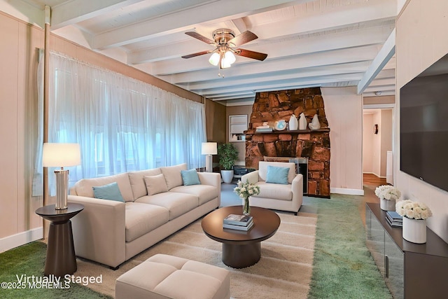 1416 Garven Ave, Ocean Twp, NJ 07712 - living area featuring ceiling fan, beamed ceiling, carpet, and a fireplace