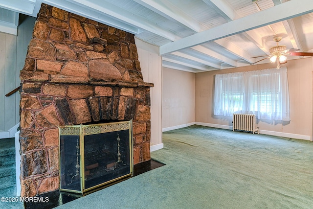 1416 Garven Ave, Ocean Twp, NJ 07712 - unfurnished living room featuring radiator heating unit, ceiling fan, carpet floors, beam ceiling, and a stone fireplace