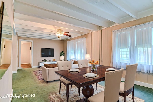 1416 Garven Ave, Ocean Twp, NJ 07712 - dining room featuring beamed ceiling, healthy amount of natural light, light colored carpet, and a ceiling fan