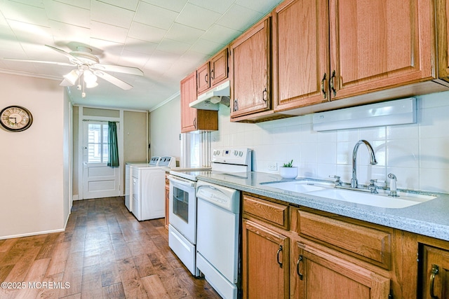 1416 Garven Ave, Ocean Twp, NJ 07712 - kitchen with white appliances, under cabinet range hood, independent washer and dryer, crown molding, and ceiling fan