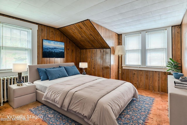 1416 Garven Ave, Ocean Twp, NJ 07712 - bedroom featuring radiator, wooden walls, lofted ceiling, and carpet floors