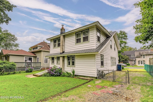 1416 Garven Ave, Ocean Twp, NJ 07712 - rear view of house with a chimney, a gate, roof with shingles, and a deck