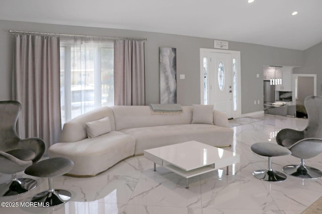 177 N Ensign Dr, Little Egg Harbor, NJ 08087 - living room with healthy amount of natural light, marble finish flooring, recessed lighting, and lofted ceiling