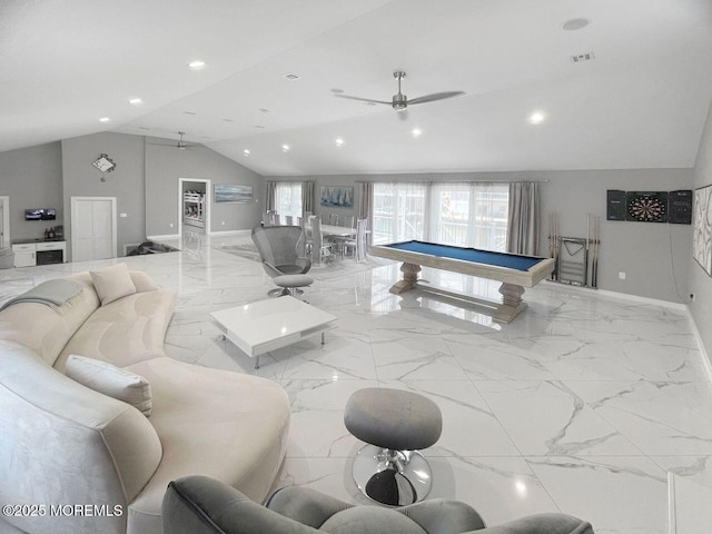 177 N Ensign Dr, Little Egg Harbor, NJ 08087 - living area featuring ceiling fan, lofted ceiling, marble tiled flooring, recessed lighting, and pool table