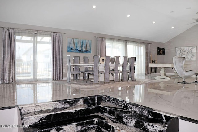 177 N Ensign Dr, Little Egg Harbor, NJ 08087 - kitchen with marble tiled flooring, lofted ceiling, and recessed lighting