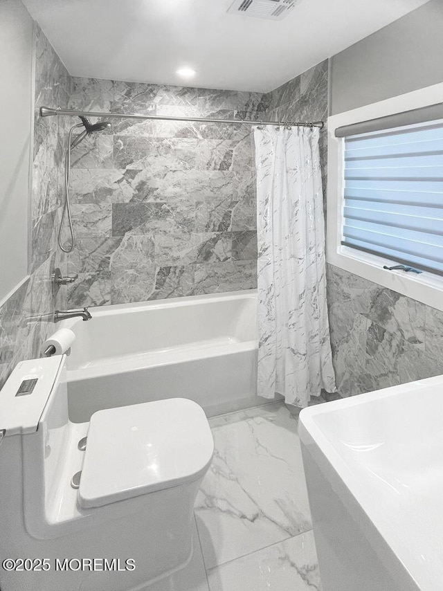 177 N Ensign Dr, Little Egg Harbor, NJ 08087 - full bathroom with shower / bathtub combination with curtain, marble finish flooring, and tile walls