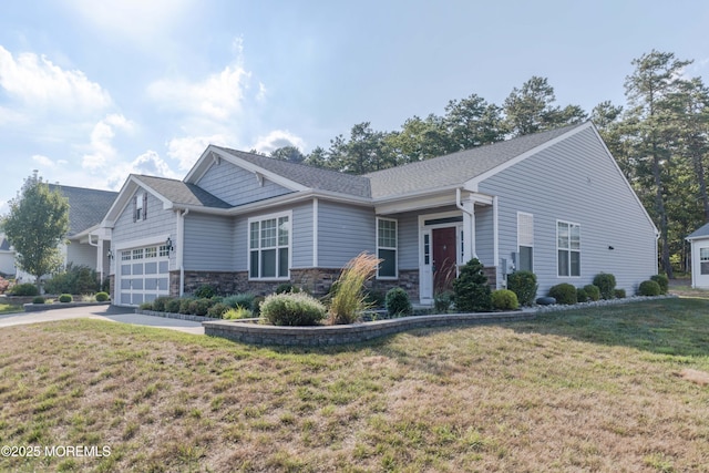 51 Galley Way, Little Egg Harbor, NJ 08087 - craftsman-style house with concrete driveway, a garage, stone siding, and a front lawn