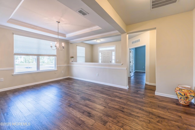 51 Galley Way, Little Egg Harbor, NJ 08087 - spare room with ornamental molding, a tray ceiling, healthy amount of natural light, a chandelier, and dark wood-style flooring