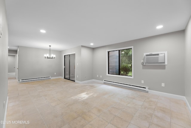 229 Medford Ct Unit B, Manalapan, NJ 07726 - empty room with a baseboard heating unit, a wall mounted air conditioner, a chandelier, recessed lighting, and light tile patterned floors