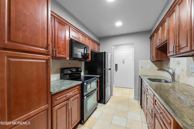 229 Medford Ct Unit B, Manalapan, NJ 07726 - kitchen featuring black appliances, recessed lighting, light stone counters, decorative backsplash, and light tile patterned floors