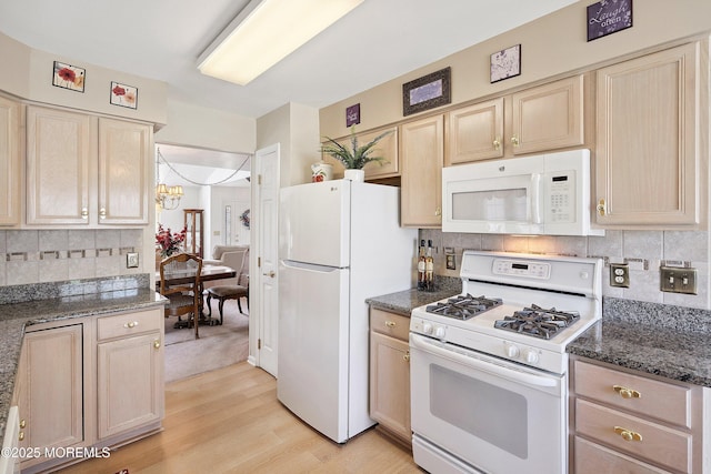 9 Penny Ln, Jackson, NJ 08527 - kitchen featuring white appliances, light wood-type flooring, light brown cabinetry, and backsplash