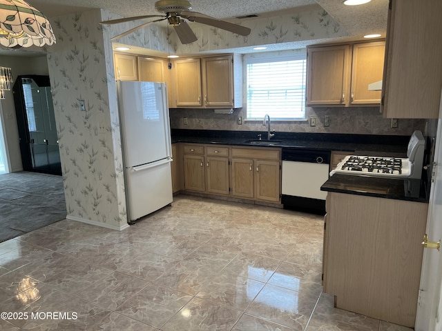2 Mayapple Dr, Brick, NJ 08724 - kitchen featuring white appliances, wallpapered walls, dark countertops, a ceiling fan, and exhaust hood