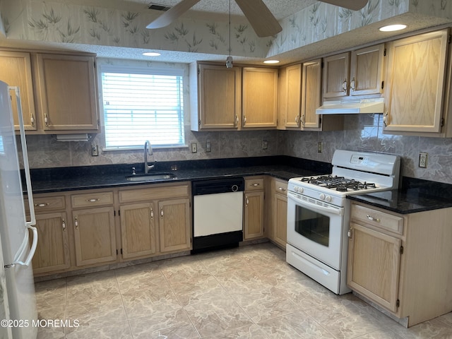 2 Mayapple Dr, Brick, NJ 08724 - kitchen with white appliances, under cabinet range hood, a ceiling fan, backsplash, and wallpapered walls