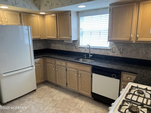 2 Mayapple Dr, Brick, NJ 08724 - kitchen with white appliances, backsplash, dark stone countertops, and wallpapered walls