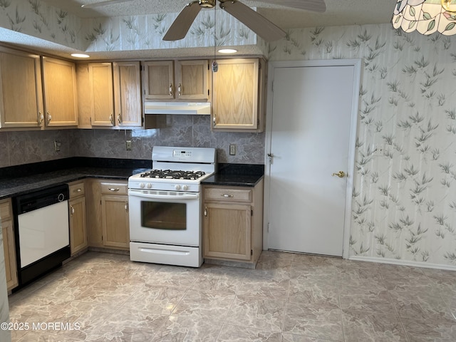 2 Mayapple Dr, Brick, NJ 08724 - kitchen featuring white appliances, under cabinet range hood, wallpapered walls, dark countertops, and ceiling fan