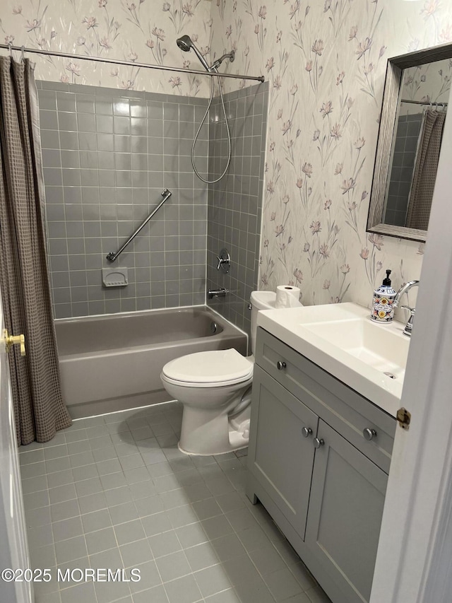 2 Mayapple Dr, Brick, NJ 08724 - bathroom featuring wallpapered walls, vanity, shower / tub combo, and tile patterned floors