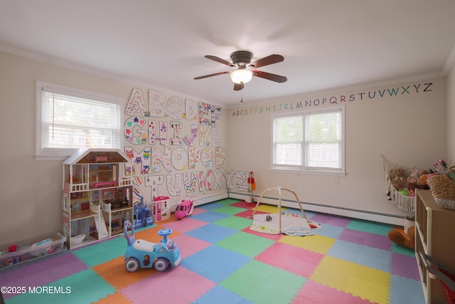 1113 Pemberton St, Toms River, NJ 08757 - game room featuring tile patterned floors, a baseboard radiator, ceiling fan, and crown molding