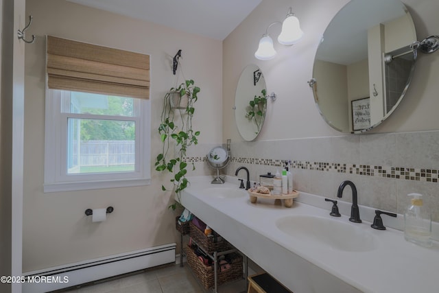1113 Pemberton St, Toms River, NJ 08757 - full bathroom featuring a baseboard heating unit, double vanity, and tile patterned flooring