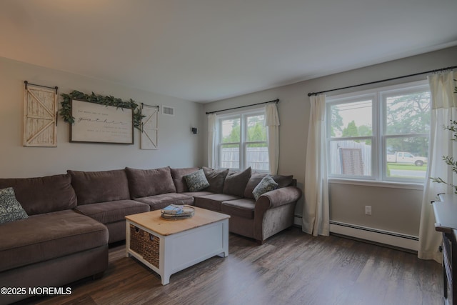 1113 Pemberton St, Toms River, NJ 08757 - living room with baseboard heating, dark wood-style floors, and a baseboard heating unit
