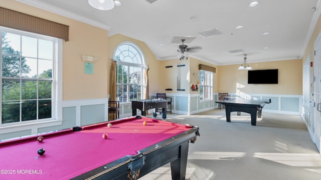 2116 Edward Stec Blvd Unit 2116, Edison, NJ 08837 - recreation room featuring billiards table, carpet, ornamental molding, a wainscoted wall, and a ceiling fan