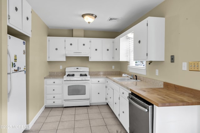 803 Wave Dr, Forked River, NJ 08731 - kitchen featuring white appliances, white cabinetry, light tile patterned floors, and under cabinet range hood