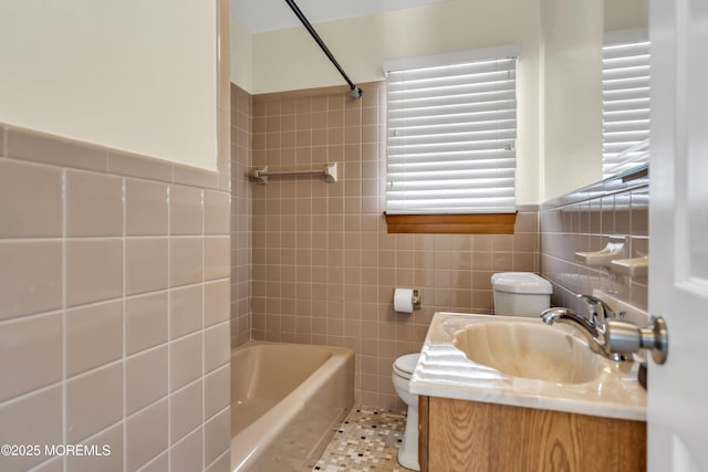 803 Wave Dr, Forked River, NJ 08731 - full bathroom with tile walls, vanity, shower / tub combination, and tile patterned flooring
