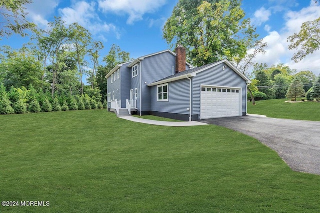 166 Montrose Rd, Colts Neck, NJ 07722 - view of side of property featuring asphalt driveway, an attached garage, a chimney, and a lawn