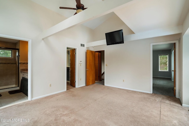 424 Continental St, Forked River, NJ 08731 - unfurnished bedroom featuring carpet flooring, a walk in closet, high vaulted ceiling, ensuite bathroom, and ceiling fan