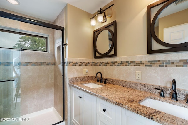424 Continental St, Forked River, NJ 08731 - bathroom featuring a stall shower, double vanity, and a wainscoted wall