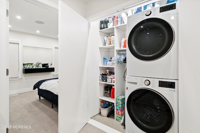 144 Colony Cir, Lakewood, NJ 08701 - washroom featuring stacked washer and clothes dryer, carpet flooring, and recessed lighting