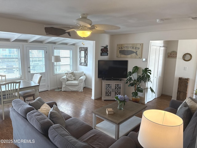 57 Albert Dr, Beach Haven West, NJ 08050 - living room with ceiling fan, beam ceiling, and wood finished floors