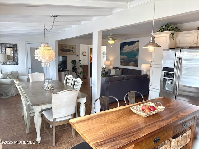 57 Albert Dr, Beach Haven West, NJ 08050 - dining room featuring beamed ceiling, wood finished floors, a ceiling fan, and a chandelier