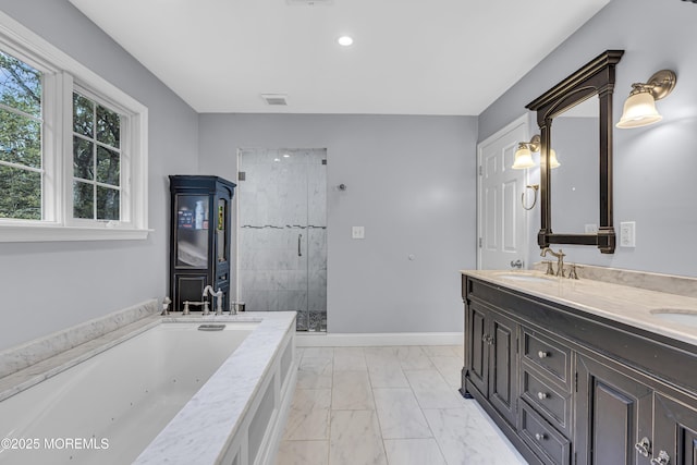 16 Bridge Ct, Jackson, NJ 08527 - full bathroom with marble look tiles, a stall shower, a tub with jets, double vanity, and recessed lighting