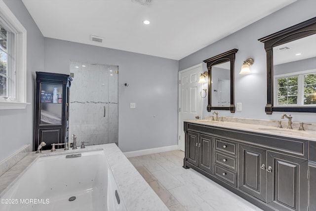 16 Bridge Ct, Jackson, NJ 08527 - bathroom with marble finish flooring, a jetted tub, double vanity, a stall shower, and recessed lighting